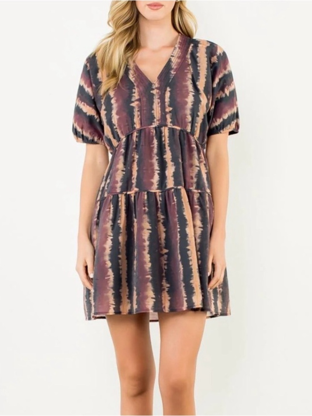 Anthropologie THML Mauve and Tan Tie-Dye V-Neck Tiered Mini Dress